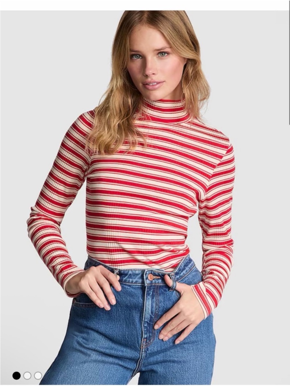 PINK Victoria's Secret Red & White Striped Mock Turtle Neck Long Sleeve Top